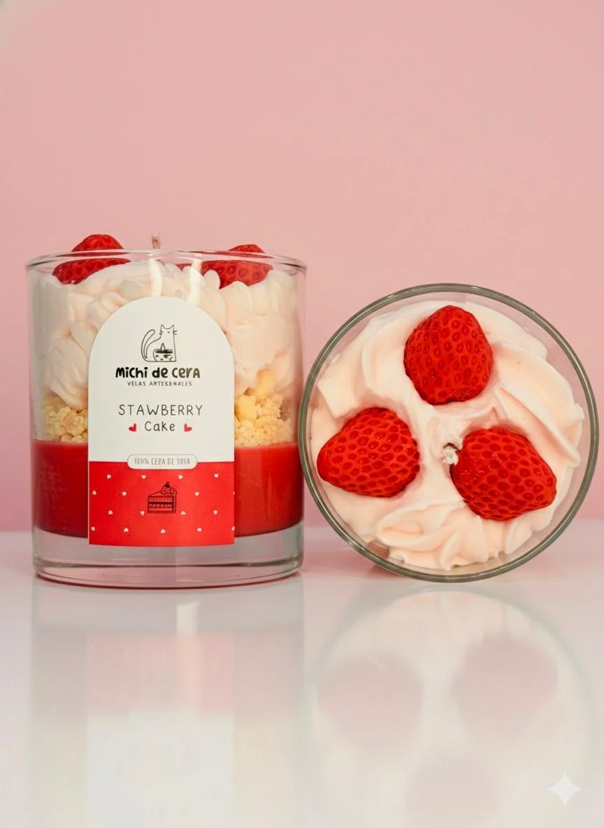 Vela artesanal Strawberry Cake de Michi de Cera by Naturime, con detalles de fresas en cera